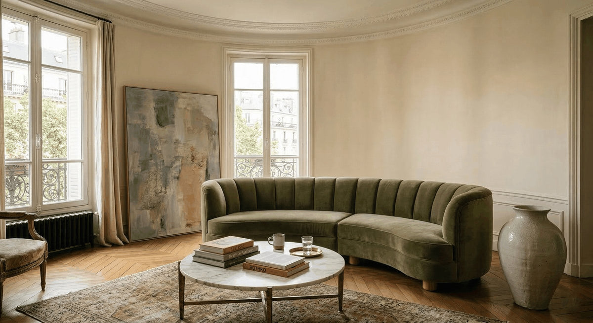 Curved velvet sofa in a sunlit Parisian salon