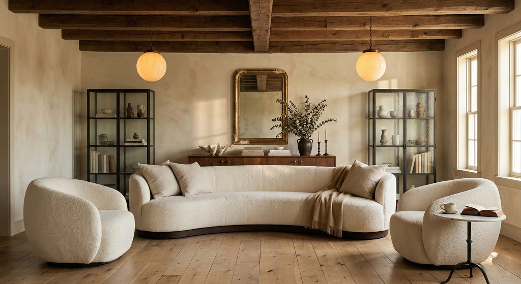 Nuvola Grande curved sofa in Crème with two Nuvola Poltrona chairs in a living room with timber ceiling beams