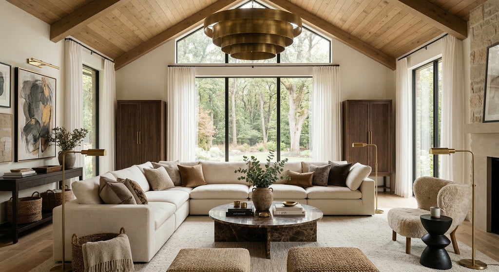 Cushing L-sectional in Ivory Linen in a living room with a vaulted wood ceiling