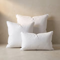 Three white pillow inserts: a 24-inch square, a 20-inch square and a 12x20 lumbar, against a plaster wall